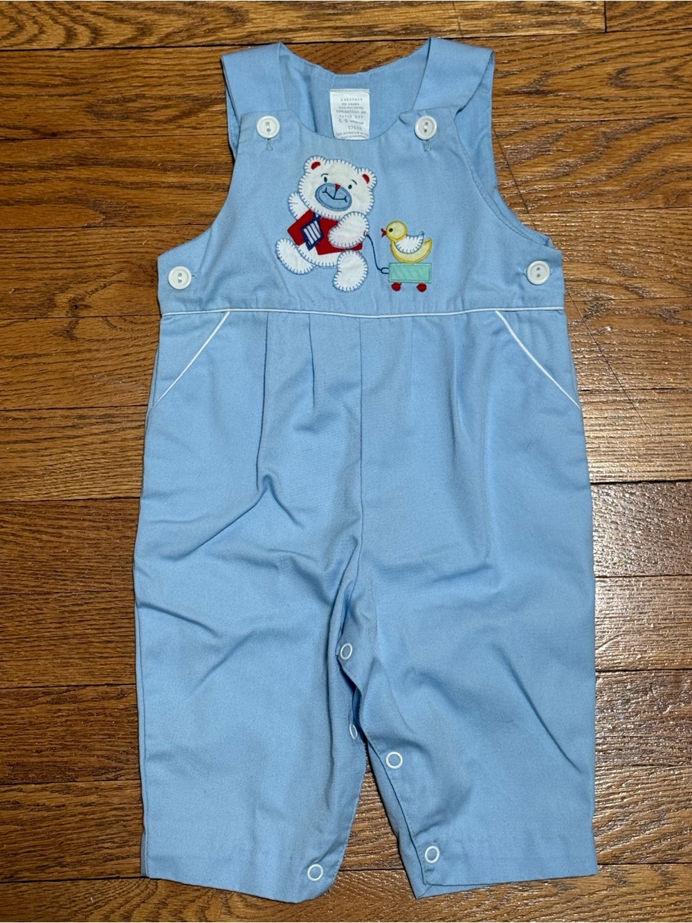 Vintage Boys (6-9M) Baby Blue Cotton/Poly Button Overalls with Teddy Bear Design